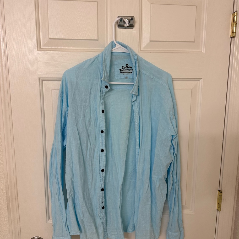 Linen Ensemble Light Blue Button-Up Shirt and White shorts